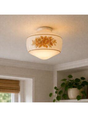 Milk Glass Ceiling Light Shade Floral Flush VTG Mount Globe 1970s Replacement